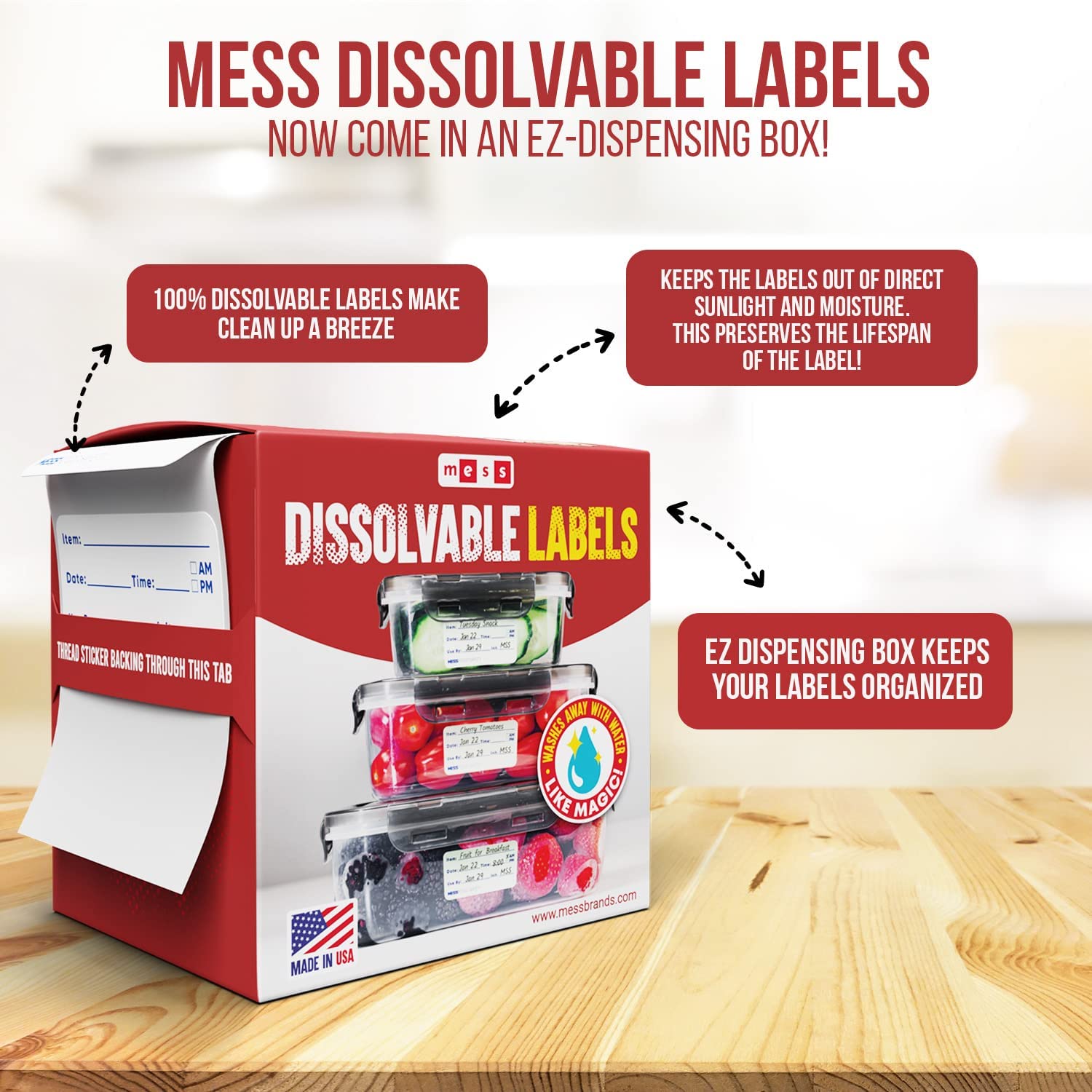 Dissolvable Freezer Labels w/ EZ-Dispensing Box - MESS BRANDS